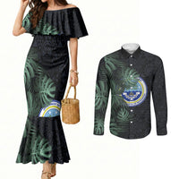 Federated States Of Micronesia Couples Matching Mermaid Dress and Long Sleeve Button Shirt FSM Tropical Monstera Leaf Dark Tribal Pattern