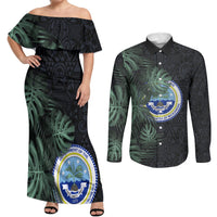 Federated States Of Micronesia Couples Matching Off Shoulder Maxi Dress and Long Sleeve Button Shirt FSM Tropical Monstera Leaf Dark Tribal Pattern
