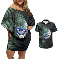 Federated States Of Micronesia Couples Matching Off Shoulder Short Dress and Hawaiian Shirt FSM Tropical Monstera Leaf Dark Tribal Pattern