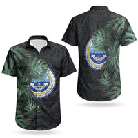 Federated States Of Micronesia Couples Matching Off Shoulder Short Dress and Hawaiian Shirt FSM Tropical Monstera Leaf Dark Tribal Pattern