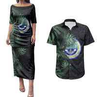 Federated States Of Micronesia Couples Matching Puletasi and Hawaiian Shirt FSM Tropical Monstera Leaf Dark Tribal Pattern