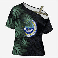 Federated States Of Micronesia Cross Shoulder Shirt FSM Tropical Monstera Leaf Dark Tribal Pattern