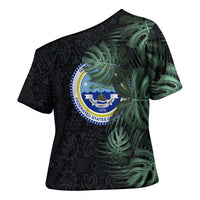 Federated States Of Micronesia Cross Shoulder Shirt FSM Tropical Monstera Leaf Dark Tribal Pattern