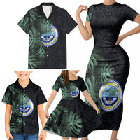 Federated States Of Micronesia Family Matching Short Sleeve Bodycon Dress and Hawaiian Shirt FSM Tropical Monstera Leaf Dark Tribal Pattern