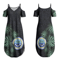 Federated States Of Micronesia Family Matching Summer Maxi Dress and Hawaiian Shirt FSM Tropical Monstera Leaf Dark Tribal Pattern