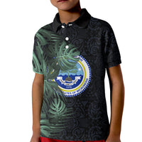 Federated States Of Micronesia Kid Polo Shirt FSM Tropical Monstera Leaf Dark Tribal Pattern