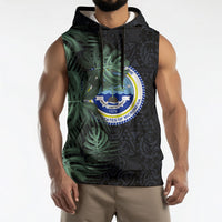 Federated States Of Micronesia Sleeveless Hoodie FSM Tropical Monstera Leaf Dark Tribal Pattern