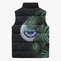 Federated States Of Micronesia Sleeveless Puffer Jacket FSM Tropical Monstera Leaf Dark Tribal Pattern