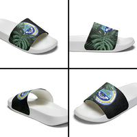 Federated States Of Micronesia Slide Sandals FSM Tropical Monstera Leaf Dark Tribal Pattern