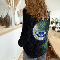 Federated States Of Micronesia Women Casual Shirt FSM Tropical Monstera Leaf Dark Tribal Pattern