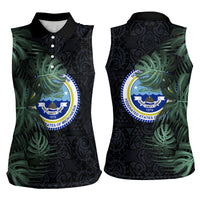 Federated States Of Micronesia Women Sleeveless Polo Shirt FSM Tropical Monstera Leaf Dark Tribal Pattern