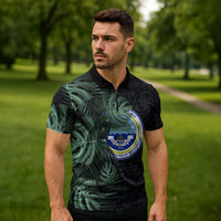 Federated States Of Micronesia Zipper Polo Shirt FSM Tropical Monstera Leaf Dark Tribal Pattern