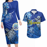 Micronesia Sea Turtle Couples Matching Long Sleeve Bodycon Dress and Hawaiian Shirt Federated States Of Micronesia Tribal Floral Pattern