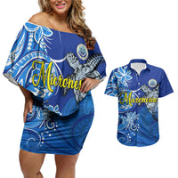 Micronesia Sea Turtle Couples Matching Off Shoulder Short Dress and Hawaiian Shirt Federated States Of Micronesia Tribal Floral Pattern