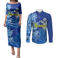 Micronesia Sea Turtle Couples Matching Puletasi and Long Sleeve Button Shirt Federated States Of Micronesia Tribal Floral Pattern