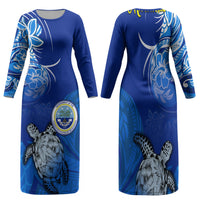 Micronesia Sea Turtle Family Matching Long Sleeve Bodycon Dress and Hawaiian Shirt Federated States Of Micronesia Tribal Floral Pattern