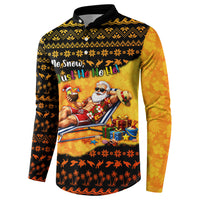 Tropical Christmas In July Santa Claus Button Sweatshirt Festive Hawaiian With Beach Reindeer Sleigh