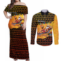 Tropical Christmas In July Santa Claus Couples Matching Off Shoulder Maxi Dress and Long Sleeve Button Shirt Festive Hawaiian With Beach Reindeer Sleigh TS04 Orange Black - Polynesian Pride