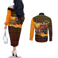 Tropical Christmas In July Santa Claus Couples Matching Off The Shoulder Long Sleeve Dress and Long Sleeve Button Shirt Festive Hawaiian With Beach Reindeer Sleigh TS04 - Polynesian Pride