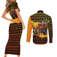 Tropical Christmas In July Santa Claus Couples Matching Short Sleeve Bodycon Dress and Long Sleeve Button Shirt Festive Hawaiian With Beach Reindeer Sleigh TS04 - Polynesian Pride