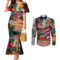 Tropical Christmas In July Candy Cane Surf Couples Matching Mermaid Dress and Long Sleeve Button Shirt Vibrant Street Art Beach Graffiti Graphic