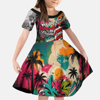 Tropical Christmas In July Candy Cane Surf Family Matching Long Sleeve Bodycon Dress and Hawaiian Shirt Vibrant Street Art Beach Graffiti Graphic TS04 Daughter's Dress Orange Grey - Polynesian Pride
