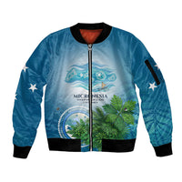 Micronesia Independence Day Sleeve Zip Bomber Jacket FSM Patriotic Pacific Island Nan Madol Ruins Seabird Tropical