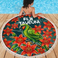 Fiji Taveuni Parrot Beach Blanket Tropical Waterfall Landscape With Floral Tribal Pattern