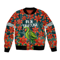 Fiji Taveuni Parrot Bomber Jacket Tropical Waterfall Landscape With Floral Tribal Pattern