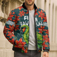 Fiji Taveuni Parrot Bomber Puffer Jacket Tropical Waterfall Landscape With Floral Tribal Pattern
