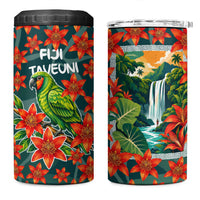Fiji Taveuni Parrot 4 in 1 Can Cooler Tumbler Tropical Waterfall Landscape With Floral Tribal Pattern