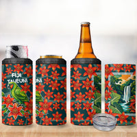 Fiji Taveuni Parrot 4 in 1 Can Cooler Tumbler Tropical Waterfall Landscape With Floral Tribal Pattern