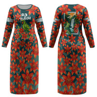 Fiji Taveuni Parrot Couples Matching Long Sleeve Bodycon Dress and Hawaiian Shirt Tropical Waterfall Landscape With Floral Tribal Pattern