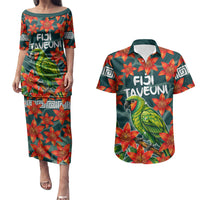 Fiji Taveuni Parrot Couples Matching Puletasi and Hawaiian Shirt Tropical Waterfall Landscape With Floral Tribal Pattern
