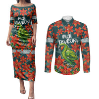 Fiji Taveuni Parrot Couples Matching Puletasi and Long Sleeve Button Shirt Tropical Waterfall Landscape With Floral Tribal Pattern