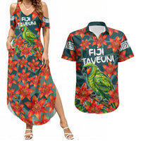 Fiji Taveuni Parrot Couples Matching Summer Maxi Dress and Hawaiian Shirt Tropical Waterfall Landscape With Floral Tribal Pattern