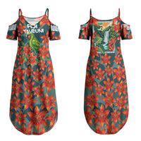 Fiji Taveuni Parrot Couples Matching Summer Maxi Dress and Hawaiian Shirt Tropical Waterfall Landscape With Floral Tribal Pattern