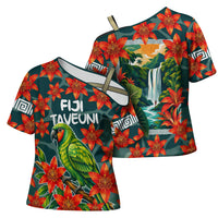 Fiji Taveuni Parrot Cross Shoulder Shirt Tropical Waterfall Landscape With Floral Tribal Pattern