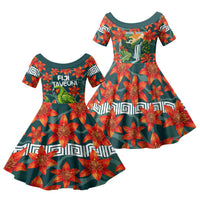 Fiji Taveuni Parrot Family Matching Long Sleeve Bodycon Dress and Hawaiian Shirt Tropical Waterfall Landscape With Floral Tribal Pattern