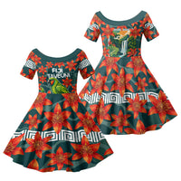 Fiji Taveuni Parrot Family Matching Off The Shoulder Long Sleeve Dress and Hawaiian Shirt Tropical Waterfall Landscape With Floral Tribal Pattern
