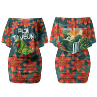 Fiji Taveuni Parrot Family Matching Off Shoulder Short Dress and Hawaiian Shirt Tropical Waterfall Landscape With Floral Tribal Pattern