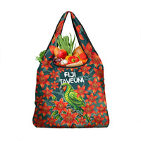 Fiji Taveuni Parrot Grocery Bag Tropical Waterfall Landscape With Floral Tribal Pattern