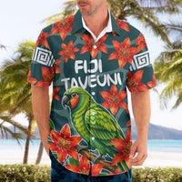 Fiji Taveuni Parrot Hawaiian Shirt Tropical Waterfall Landscape With Floral Tribal Pattern