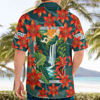 Fiji Taveuni Parrot Hawaiian Shirt Tropical Waterfall Landscape With Floral Tribal Pattern