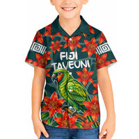 Fiji Taveuni Parrot Hawaiian Shirt Tropical Waterfall Landscape With Floral Tribal Pattern