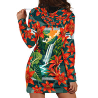 Fiji Taveuni Parrot Hoodie Dress Tropical Waterfall Landscape With Floral Tribal Pattern