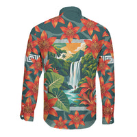 Fiji Taveuni Parrot Long Sleeve Button Shirt Tropical Waterfall Landscape With Floral Tribal Pattern