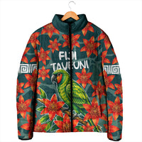 Fiji Taveuni Parrot Padded Jacket Tropical Waterfall Landscape With Floral Tribal Pattern