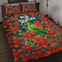 Fiji Taveuni Parrot Quilt Bed Set Tropical Waterfall Landscape With Floral Tribal Pattern