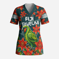 Fiji Taveuni Parrot Scrub Top Tropical Waterfall Landscape With Floral Tribal Pattern